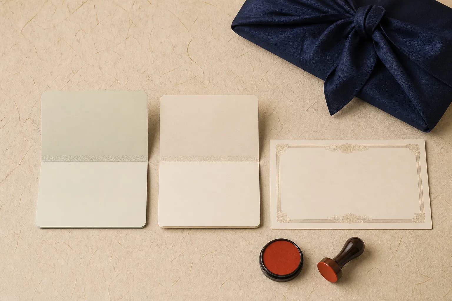한지 책상 위 나란한 두 통장과 예금 증서, 한 쌍의 도장과 남색 보자기 정물 — 부부간 계좌이체를 상징